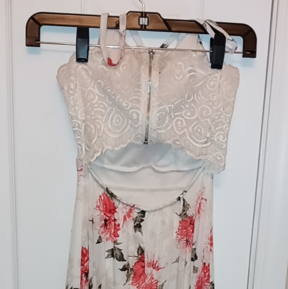 Floral lace open back waterfall dress